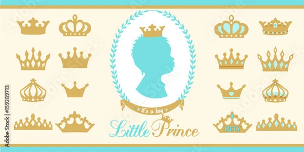 Fototapeta Gold and blue crowns set. Little prince design elements. Template silhouettes of crowns for laser cutting. Birthday party and boy baby shower decor.