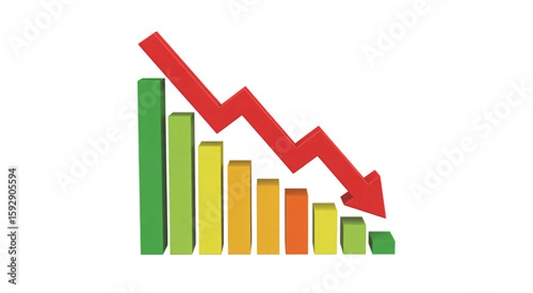 Fototapeta A bar graph with a red arrow pointing downwards illustrates a decline in sales, profits, or the economy, isolated on transparent background