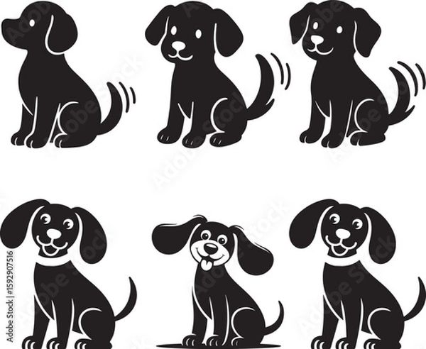 Fototapeta PrintDog Silhouette Puppy Set Animal Vector Art Black Illustration Cute Pet Design Collection