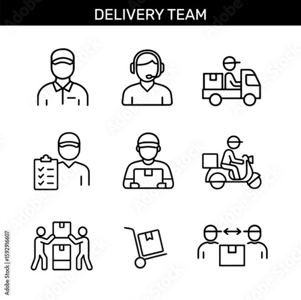 Fototapeta Delivery team outline icons with courier, headset operator, delivery truck, scooter, package, checklist, cart, and parcel handover