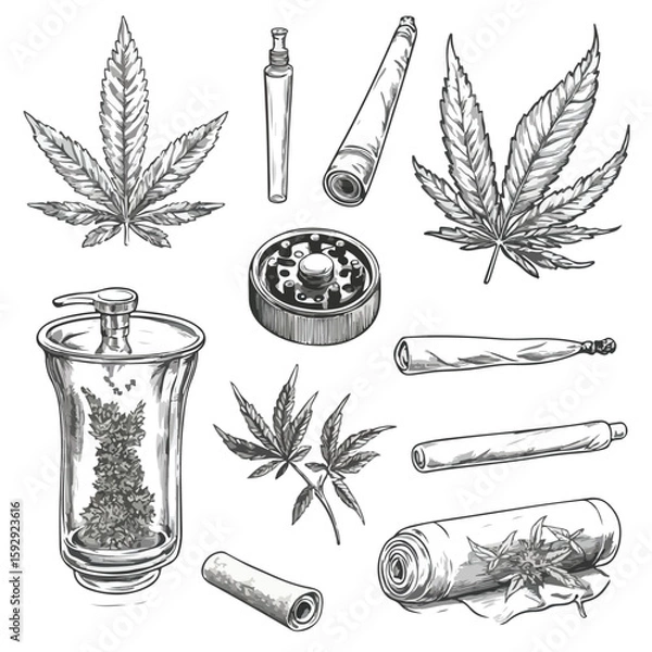 Obraz Hand-Drawn Sketch Weed Smoking Tools Set