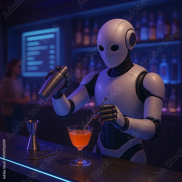 Obraz Humanoid robot bartender preparing cocktail with shaker in neon-lit futuristic bar scene
