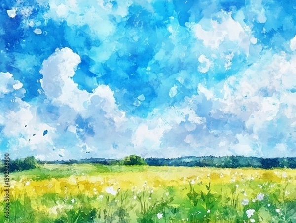 Fototapeta Artistic representation of a countryside field under a vibrant blue sky with fluffy clouds.