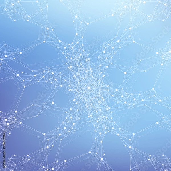 Fototapeta Geometric abstract background with connected line and dots. Network and connection background for your presentation. Graphic polygonal background. Scientific vector illustration.