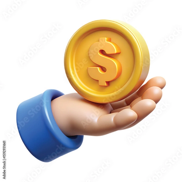 Obraz Stylized 3d cartoon hand wearing a blue sleeve offering a golden coin with a dollar sign symbol on a white background