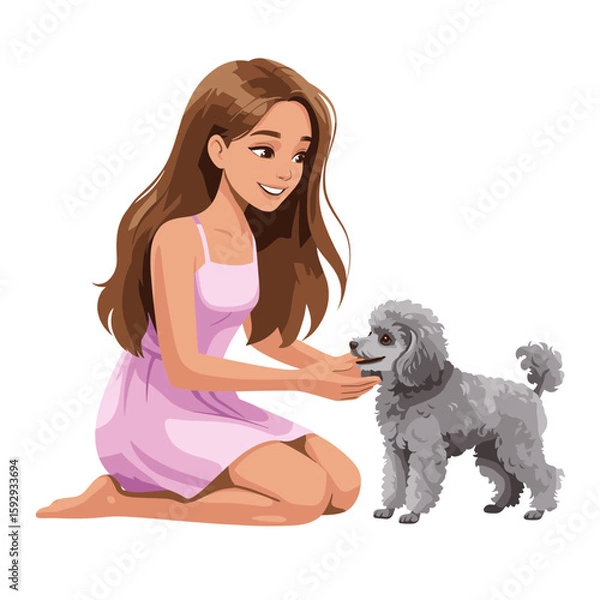 Obraz Young girl playing with a gray puppy while sitting on the floor, transparent background, vector  