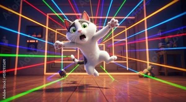 Fototapeta Funny animated cat surprised by colorful laser beams in playful living room scene.
