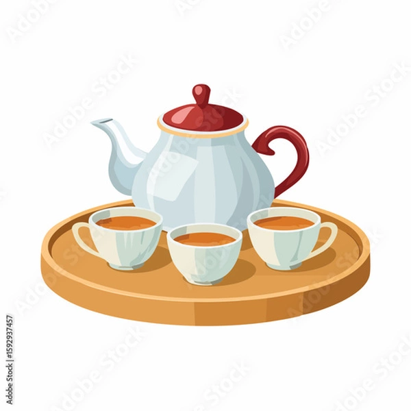 Obraz Teapot with cups – Porcelain teapot with matching teacups on a tray.
