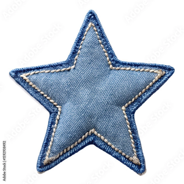 Fototapeta A blue denim star patch with cream stitching isolated on transparent background