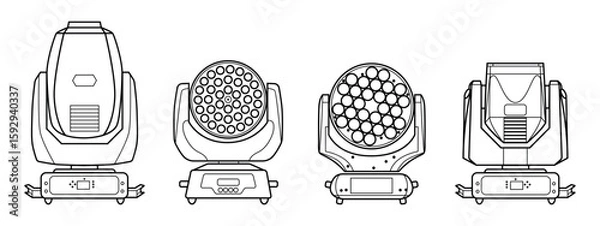 Fototapeta Set of Stage Moving Head Lights in Line Style. Collection of four professional stage moving head lights in clean linear style. Suitable for music events, concert lighting design, or technical diagrams