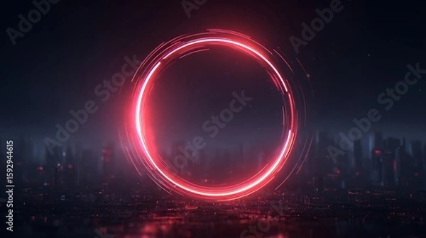 Fototapeta Futuristic glowing red neon circle with abstract cityscape background and dark atmosphere.