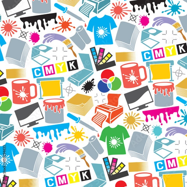 Fototapeta Background pattern with printing icons (palette, printer, CMYK and RGB colors, paintbrush, pipette, monitor, magnifier, plotter, gamma and tool)