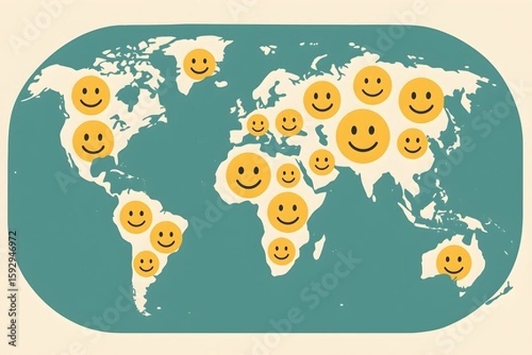Obraz Smiley faces scattered across a world map illustration