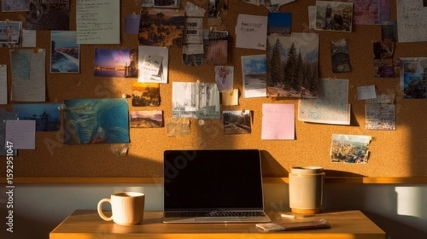 Fototapeta Cozy workspace with laptop and inspiring corkboard mood board in warm light