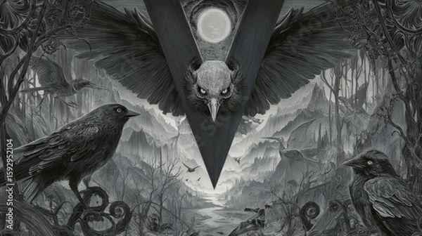 Fototapeta Monochrome surreal forest with owls and ravens under full moon