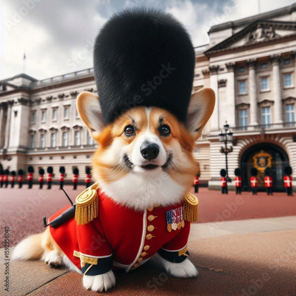 Fototapeta british flag on the street, british royal guard, british royal guard dog, guard dog in front of a building, dog in a hat, dog in a hat and tie, 3d dog in red dress, a corgi dressed as a royal guard