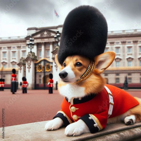 Fototapeta british flag on the street, british royal guard, british royal guard dog, guard dog in front of a building, dog in a hat, dog in a hat and tie, 3d dog in red dress, a corgi dressed as a royal guard