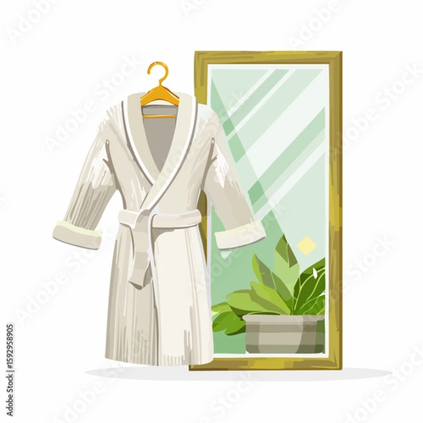 Obraz Bathrobe on hook – Fluffy bathrobe hanging beside a steamy mirror.
