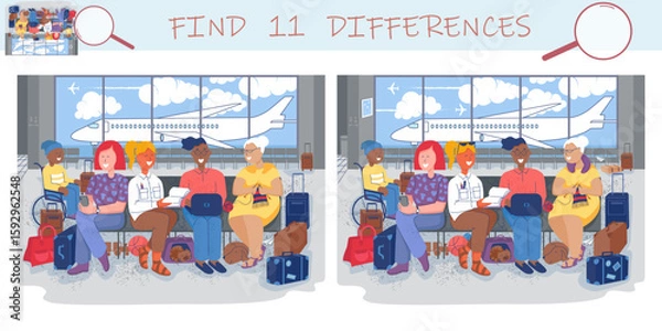 Fototapeta Find the differences game. Passengers at waiting room in airport. People sitting on chairs of airport terminal with suitcases and luggage wait for their plane to depart. Vector sketch illustration