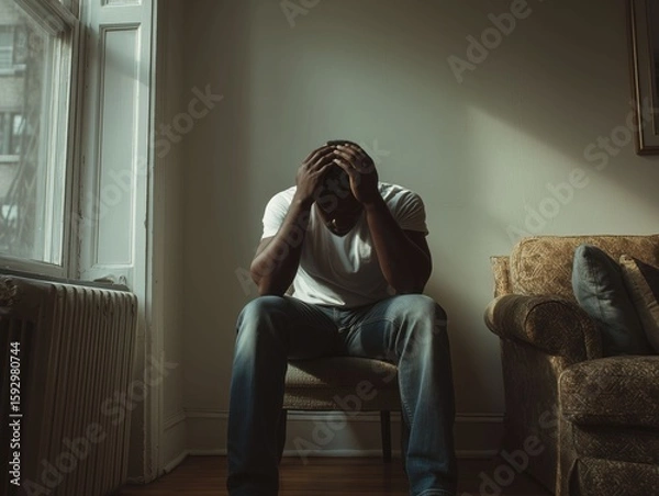 Fototapeta Young adult man in sadness and depression sitting alone in dimly lit room, arms crossed, male loneliness epidemic