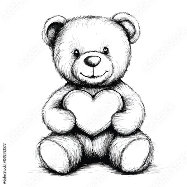 Obraz Teddy Bear Sketch Heart White Background