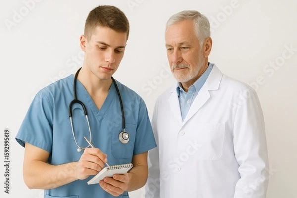 Fototapeta Young and senior doctor discussing notes