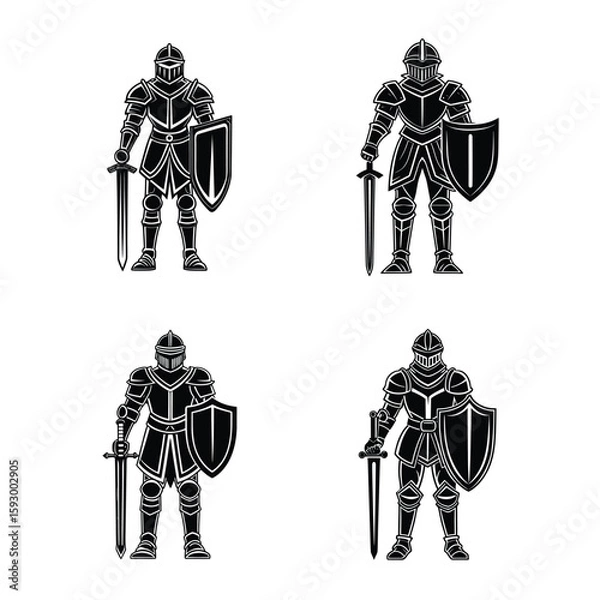 Fototapeta Four Black and White Knight Illustrations with Swords and Shields Medieval Warriors in Armor Isolated on White Background Vector Images for Fantasy or Historical Projects