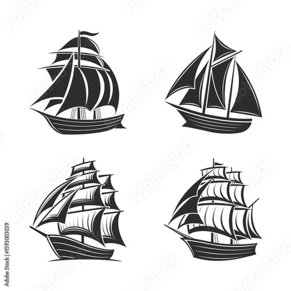 Fototapeta Collection of Four Stylized Sailing Ships in Black and White Representing Nautical History Adventure and Maritime Themes Suitable for Logos Designs and Creative Projects