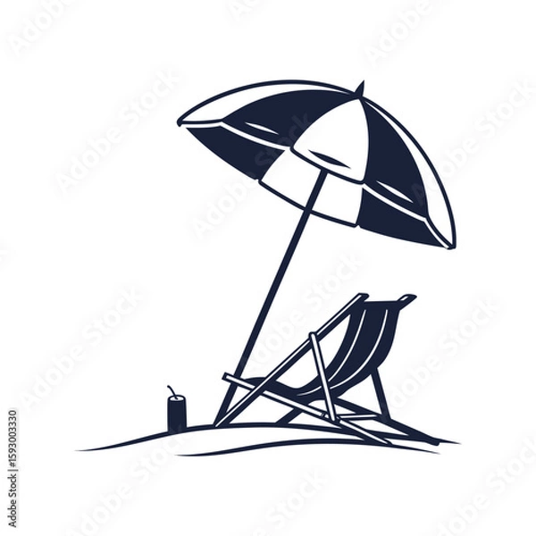 Fototapeta Minimalist beach scene featuring a beach chair under an umbrella with a drink rendered in a simple clean and modern vector style against a white
