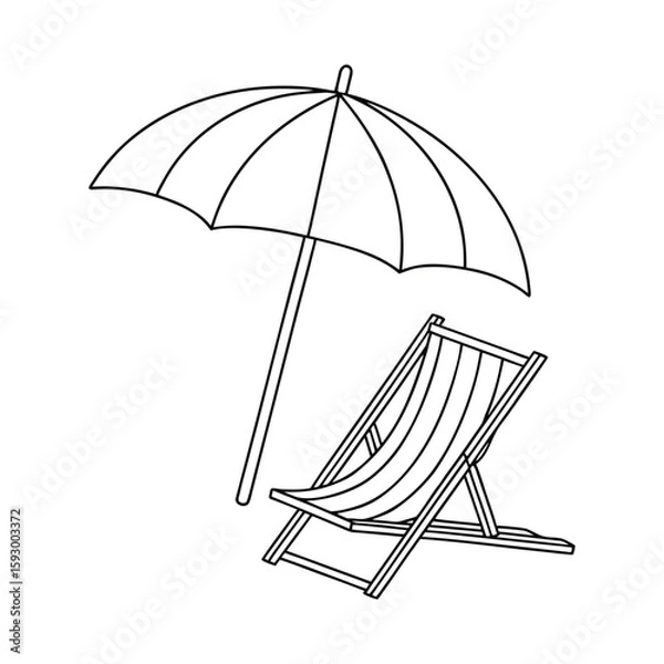 Fototapeta Simple line drawing of a beach scene featuring a beach umbrella and a beach chair perfect for coloring pages or minimalist design projects vector illustration
