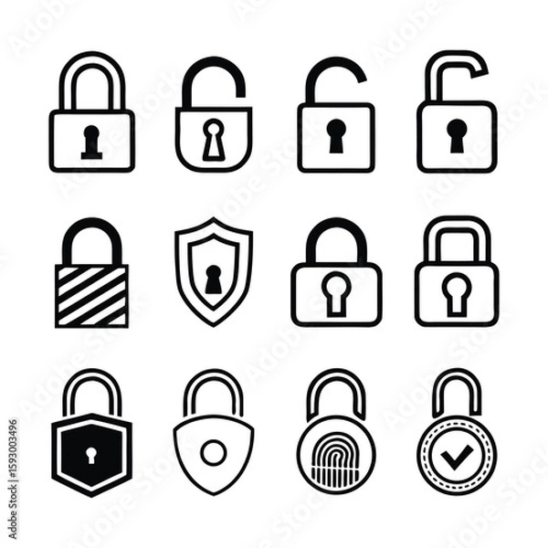 Fototapeta Collection of Black and White Security Icons Featuring Padlocks Shields Fingerprint Scanning and Checkmarks for Website Design and Security Related Projects and Applications