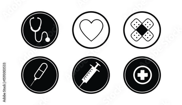Fototapeta Set of Black and White Medical Icons in Circles Representing Healthcare Medicine First Aid and Health Related Topics on a White Background for Easy Editing