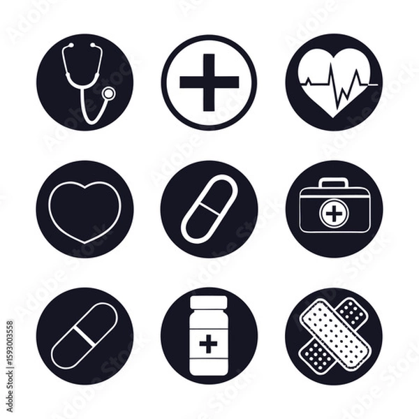 Fototapeta Collection of medical icons in a circular design featuring a stethoscope heart pills first aid kit and bandages for healthcare and wellness concepts