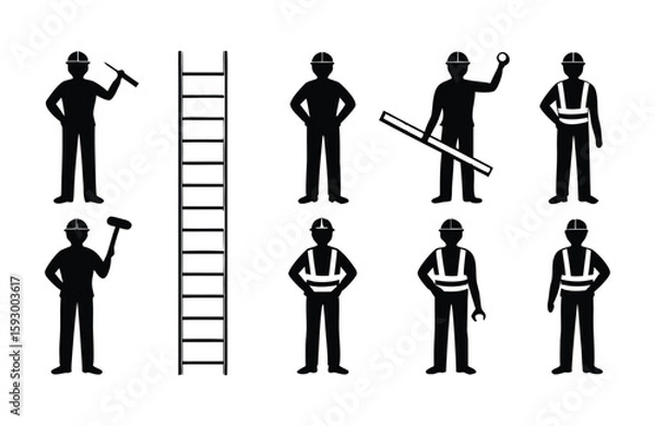 Fototapeta Construction Worker Icons Set with Ladder Hammer Level Wrench and Hard Hat Black and White Vector Illustration for Construction Building and Industrial Projects