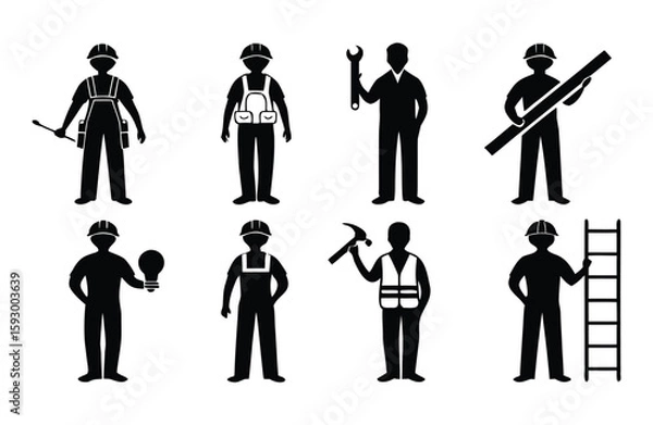 Fototapeta Construction Workers and Tradespeople Silhouette Icons Set Featuring Electrician Carpenter Plumber and General Laborer Isolated on White Background for Easy Use in Design Projects
