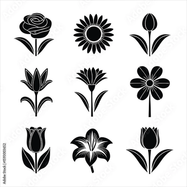 Fototapeta Collection of nine different flower icons in black and white including a rose sunflower tulip and lily perfect for logos designs and botanical illustrations