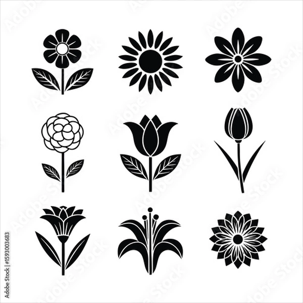 Fototapeta Set of nine different stylized flower icons in black and white including daisy tulip sunflower lily and rose perfect for logo or graphic design elements