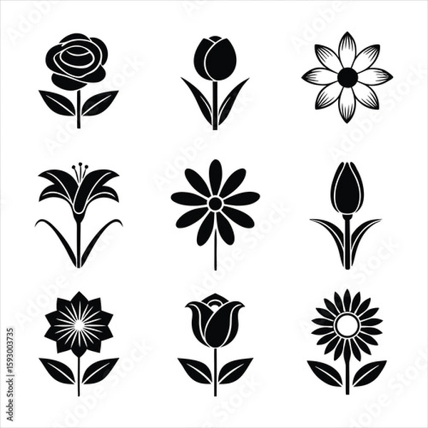 Fototapeta Elegant Collection of Black and White Flower Icons Rose Tulip Lily Daisy and Sunflower in a Minimalist Style for Graphic Design and Creative Projects