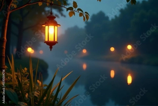 Fototapeta Lanterns illuminate a serene riverside scene during a peaceful evening.