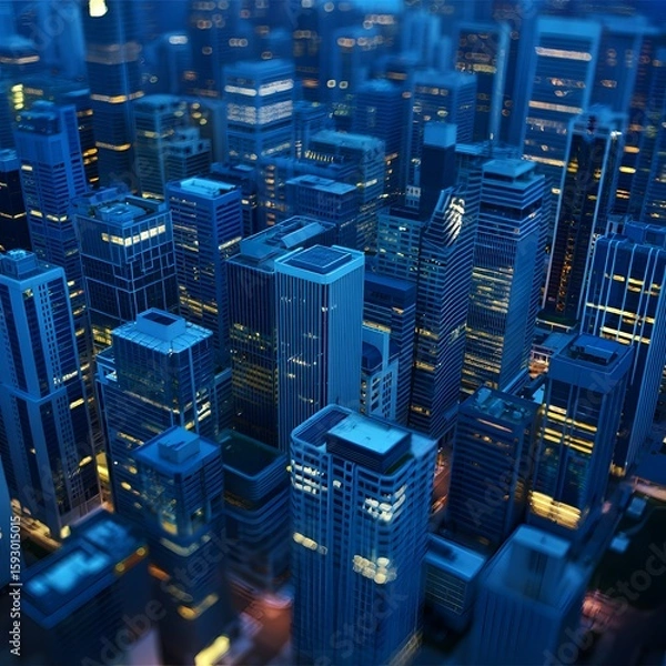 Fototapeta Aerial view of modern city skyline at night with illuminated buildings and skyscrapers