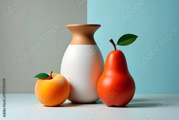 Fototapeta Still life photography of pear peach and vase against a pastel background studio shot