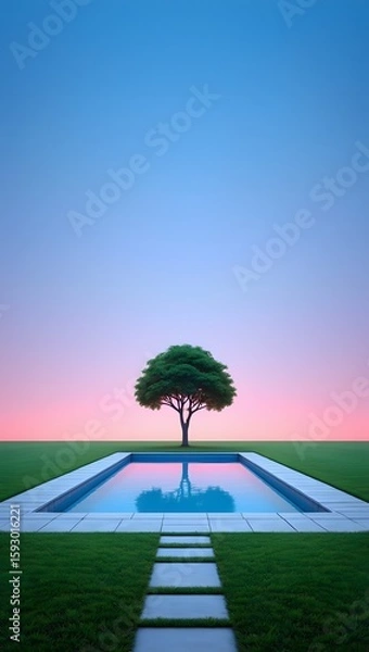 Fototapeta Poolside tranquility a serene landscape with a tree and swimming pool at sunset