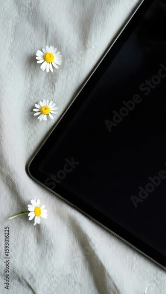 Fototapeta Stock photo of tablet mockup with daisies on white fabric background for advertising