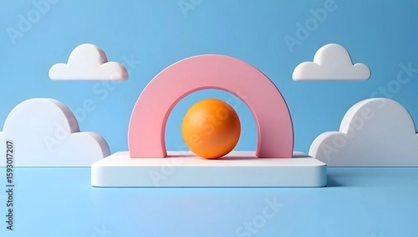 Fototapeta Minimalist geometric shapes background with clouds and sphere for product display