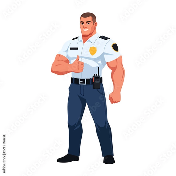 Obraz Cartoon security guard with muscular build gives a thumbs-up gesture, wearing a uniform and radio.