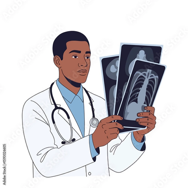 Obraz A male doctor wearing a white coat and stethoscope examines three X-ray images against a white background.