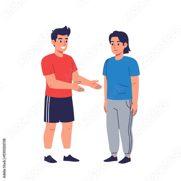 Obraz Two young men are facing each other, one is gesturing with open hands in a friendly manner.