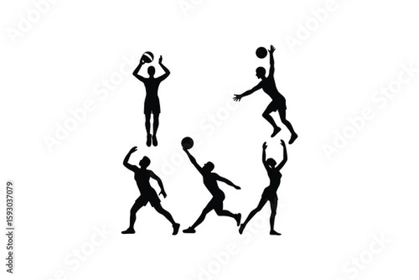 Fototapeta Black Silhouettes of Volleyball Players in Action Serving Spiking and Blocking on a White Background
