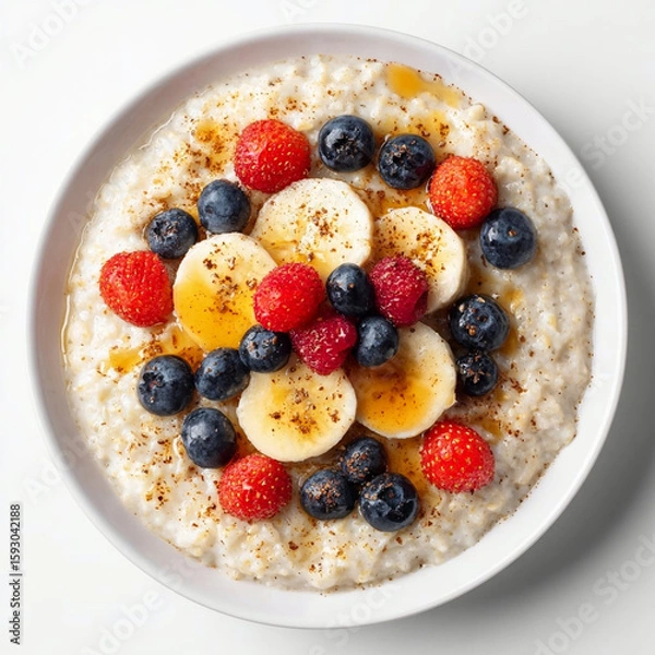 Fototapeta A plate of porridge with different berries and fruits isolated on a white background, top view