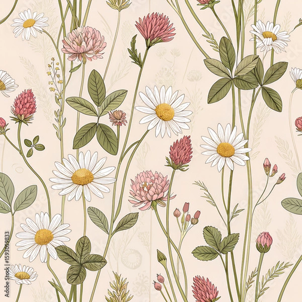 Fototapeta “Vintage botanical pattern — wildflower meadow with daisies and clover in dusty pink and beige”
